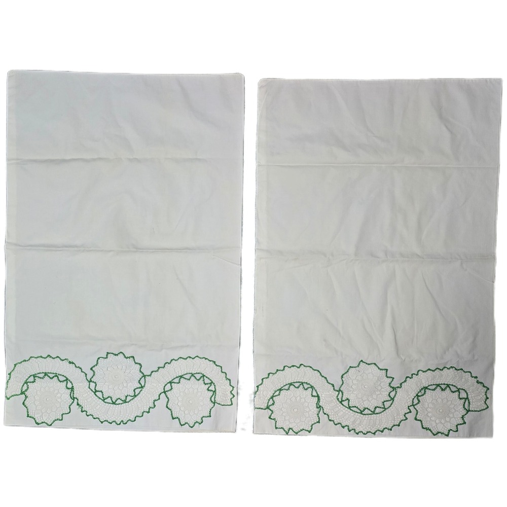 Dan River Pillowcases White Cotton Green Crochet Trim Set of 2 (AF)‎